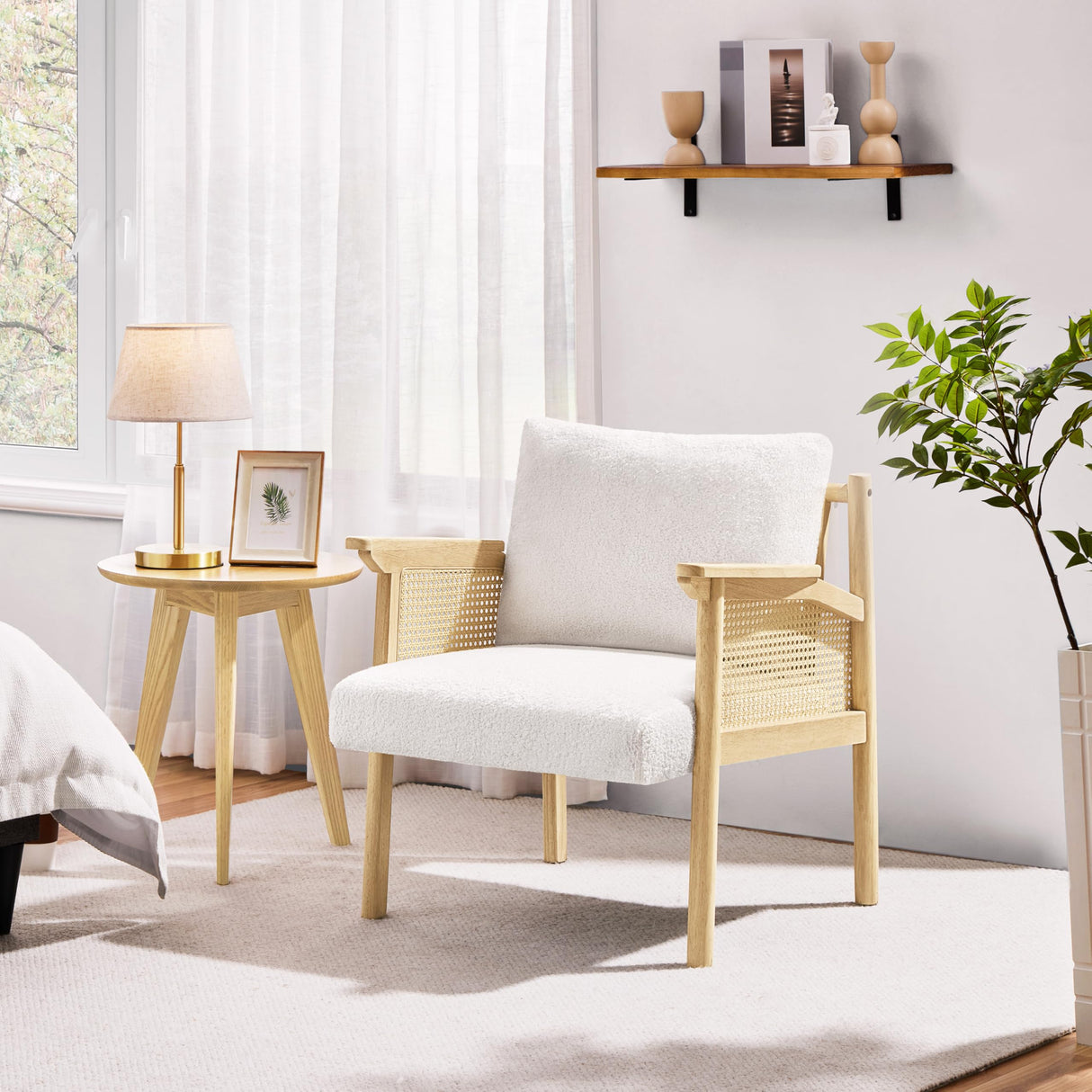 Yaheetech Accent Chair, Boucle Vanity Chair with Rattan Back Arms, Mid Century Chair Upholstered Living Room Chair Lounge Chair Bedroom Balcony White Yaheetech