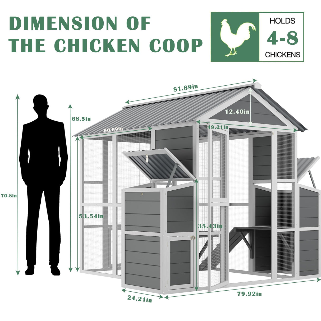 YOPTO Outdoor Wooden Chicken Coop for 10 Chickens,Large Hen House Poultry Habitat Pet Hutch Run Cage with 2 Chicken Nesting Boxes,Walk in Chicken Coops Run W/Ramp and Run,Waterproof Roof,(80"×82"×69") YOPTO