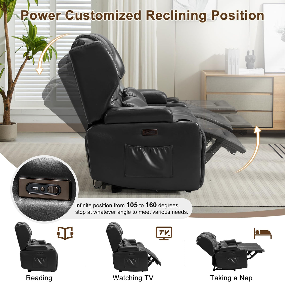 DRMBOOK RV Power Loveseat Recliner Sofa, Leather Double Wall Hugger Reclining Sofa, Home Theater Seating Chair with Cup Holders, 2 Person Couch RV Furniture for Living Room, Black DRMBOOK