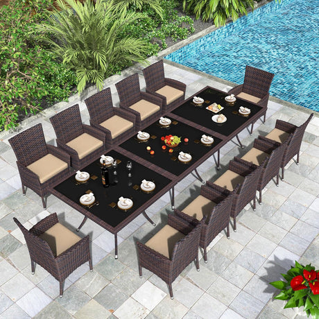 Trumbeak 15 Piece Outdoor Dining Set,Rattan Patio Conversation Set of 12 Chairs,Patio Dining Table and Chairs w/Cushions,Square Glass Tabletop,Umbrella Cutout for Patio,Sand Trumbeak