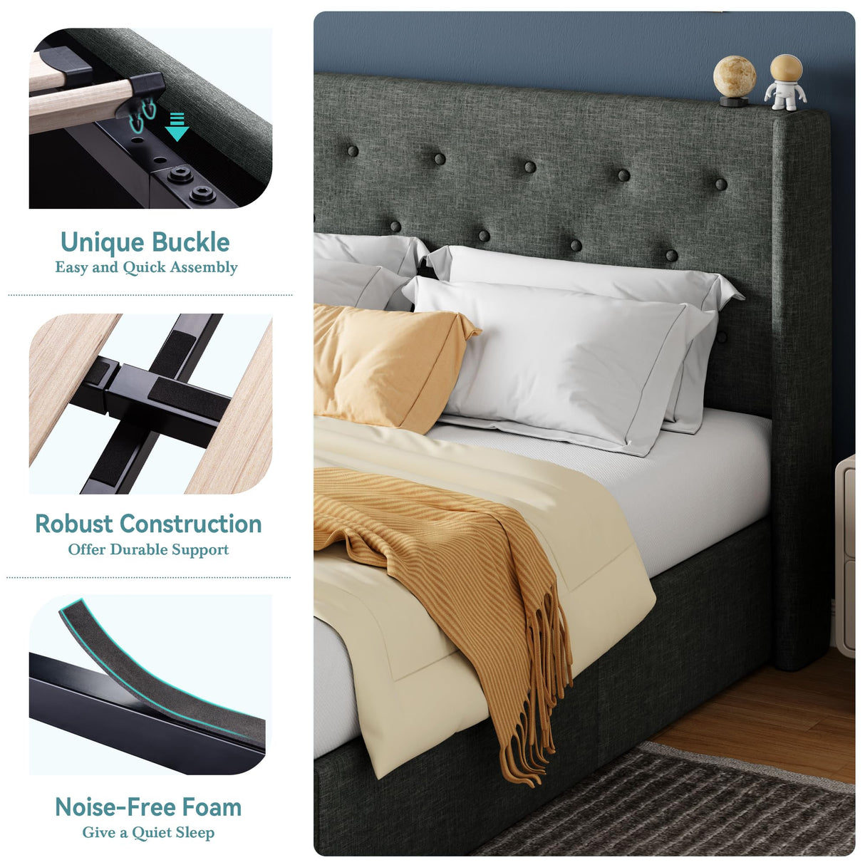 HOOMIC King Size Hydraulic Lift Up Storage Bed with Wingback Headboard in Dark Grey HOOMIC