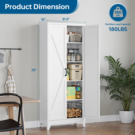 PEUKC 75" Farmhouse Metal Storage Cabinet with Doors and 4 Adjustable Shelves, Large Pantry Organizer for Kitchen, Dining Room, and Living Room,Assemble Require(White) PEUKC
