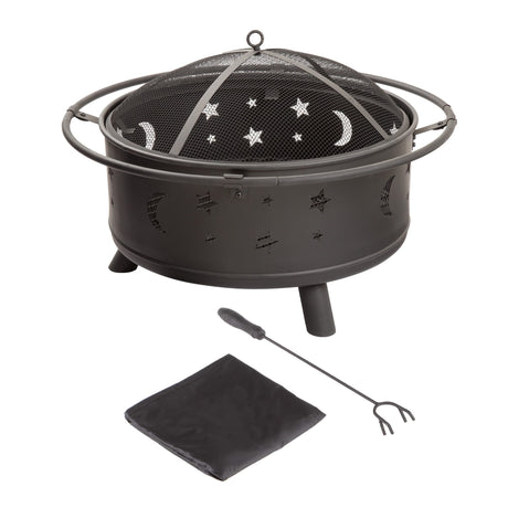 Fire Pit - 32-Inch Outdoor Wood Burning Firepit with Screen, Poker, and Cover - Outdoor Fire Pits for Backyard, Deck, or Patio by Pure Garden (Black) Pure Garden