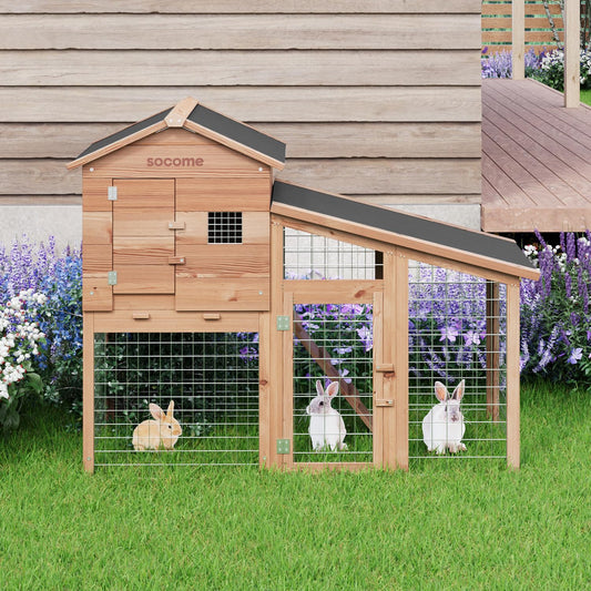 SOCOME 65" Solid Wood Rabbit Cage, Outdoor Rabbit Hutch with Run Area, Ventilation Fencing, Openable Roof, Lockable Doors and Ramp, Waterproof Animal House for Cats, Guinea Pigs, Ducks, Cherry