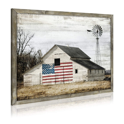 Wooden Picture Art Wall Decor: Rustic Old Barn Artwork American Flag Painting Grey Windmill Prints Landscape for Farmhouse Home Living Room Decoration - WoodArtSupply