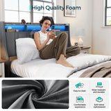 LINSY Queen Bed Frame, Lift Up Storage Bed, Velvet Upholstered Bed with Storage Headboard and Charging Station & LED Lights, Hydraulic Storage, Strong Wooden Slats Support, Noise Free, Dark Grey LINSY
