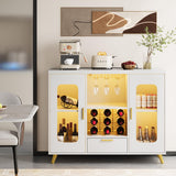 Condemo Wine Bar Cabinet with LED Light, Modern Coffee Bar Cabinet with Power Outlet, Liquor Cabinet with Wine Rack Glasses Holder, Sideboard Buffet Cabinet for Dining Room Living Room Kitchen, White Condemo