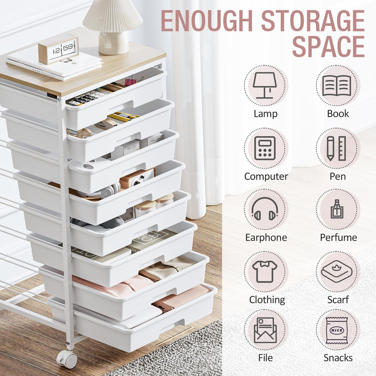 Storage Cart with 8 Drawers, Utility Cart with White Drawers and Wooden Tabletop, Craft Cart, Teacher Organization for Classroom,White TOOLF