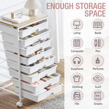 Storage Cart with 8 Drawers, Utility Cart with White Drawers and Wooden Tabletop, Craft Cart, Teacher Organization for Classroom,White TOOLF