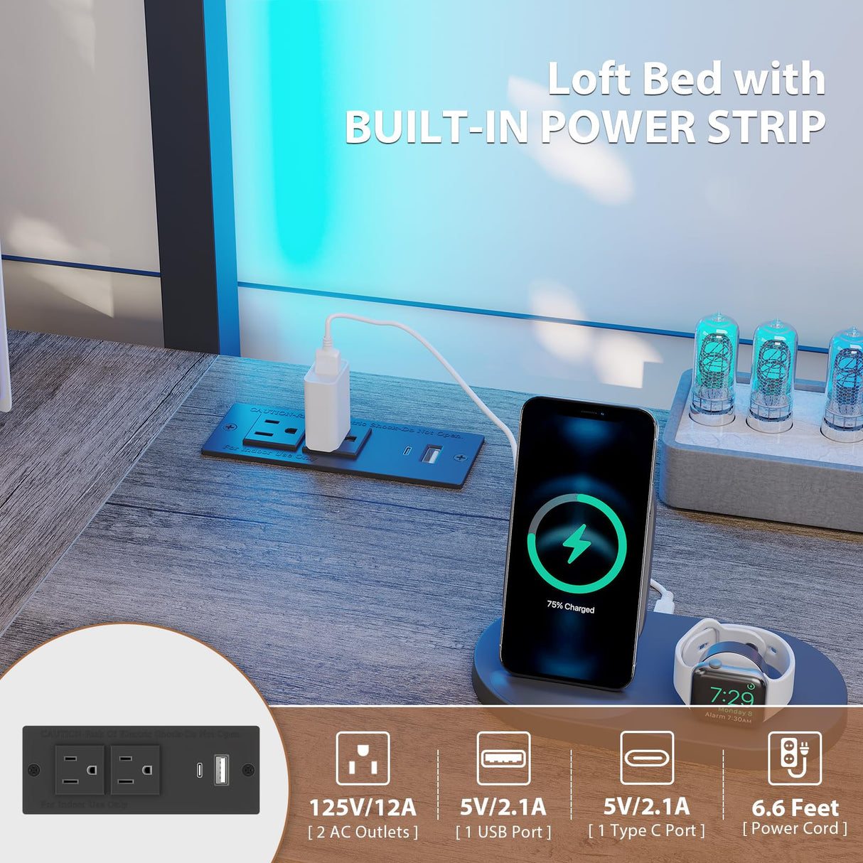 Twin Loft Bed with Desk and 5 Storage Drawers,Loft Bed Twin Size with LED Lights and Charging Station, Metal Bunk Bed Frame with Ladder, Clothes Rail,Noise Free,Oak Gray Dnxao