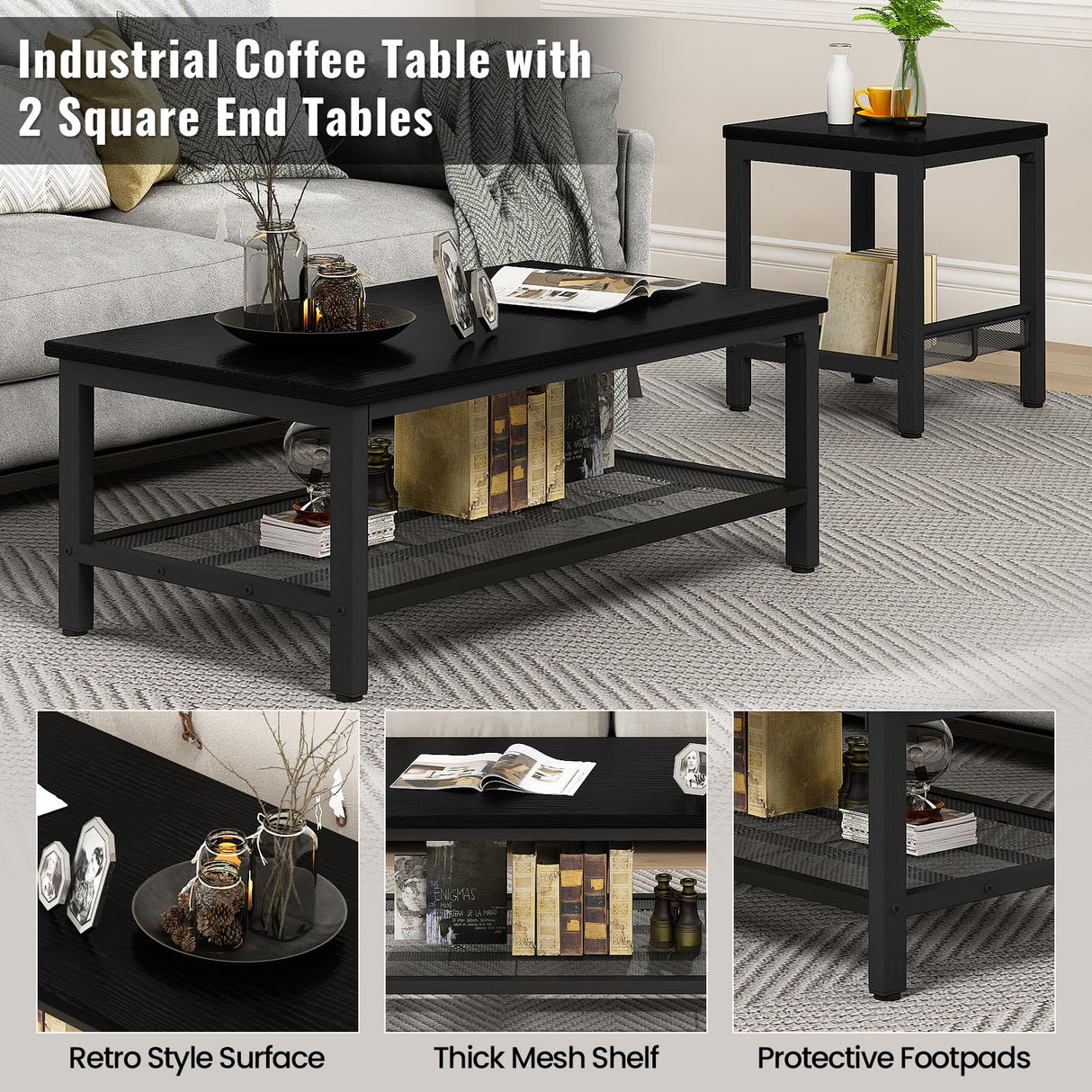 Lamerge 3 Pieces Living Room Table Set, Industrial Coffee Table with 2 Square End Side Tables, Coffee Table Set with Metal Frame for Apartment Home Office, Black Lamerge