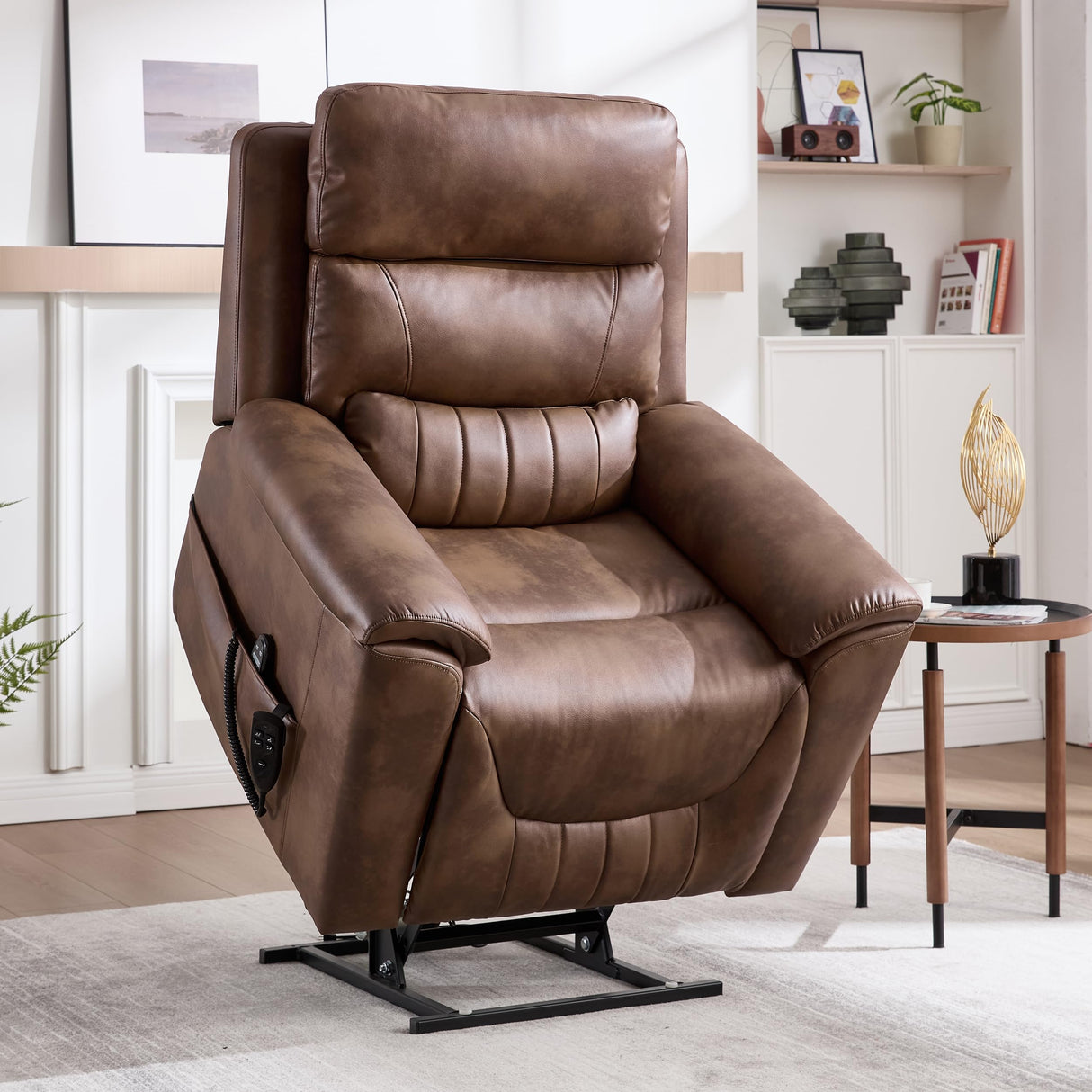 Power Lift Recliner Chair for Elderly People, Dual Motor Lay Flat Recliner with Vibration Massage and Heat, Heavy Duty Motion Mechanism Standing Assistance Reclining Chair, Faux Leather Brown Luxlen