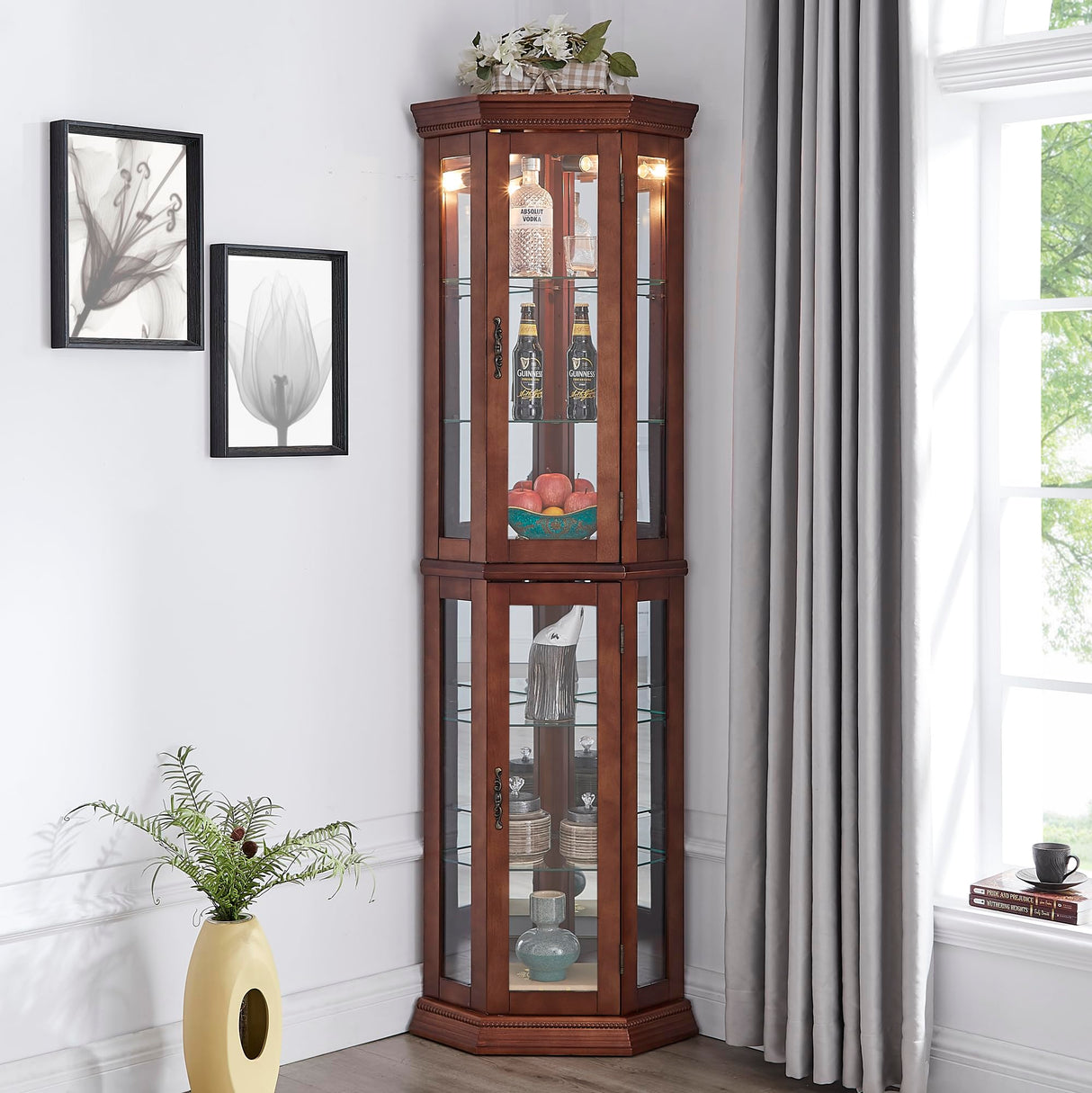Anveffeg Corner Curio Cabinet with Lights, Adjustable Tempered Glass Shelves, Mirrored Back, Display Cabinet,Light Walnut (E26 Light Bulb not Included) (Walnut) Anveffeg