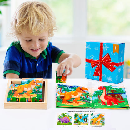 Wooden Dinosaur Block Puzzles for Kids Ages 3-5 with Baby Book, Jigsaw Puzzles Preschool Educational Interactive Toys Gift for Boys Girls, Wood Dino Cube Puzzles for Toddlers 2 3 4 5 6 Years Old