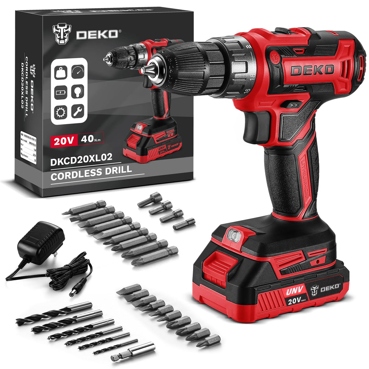 Power Drill Cordless: DEKO PRO Cordless Drill 20V Electric Power Drill Set Tool for Women Drills Cordless with Battery and Charger Drill Driver 20 Volt Drill Driver Kit Red DEKOPRO