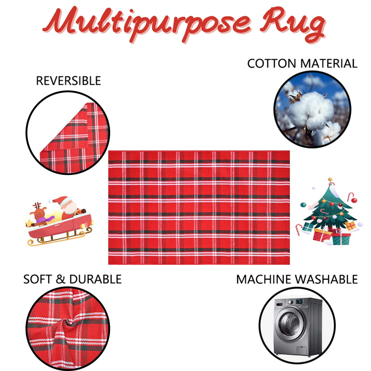 Christmas Red Green White Plaid Rug, 28" x 43" Cotton Hand-Woven Buffalo Check Layered Door Mat for Front Porch, Entryway, Outdoor Holiday Decor, Washable Farmhouse Rug for Home, Patio, Kitchen Homydecor