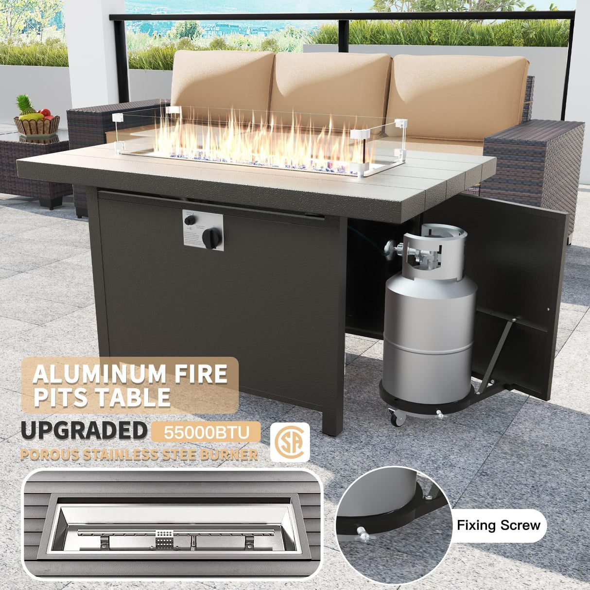 Kullavik 10 Pieces Outdoor Patio Furniture Set with 55000BTU Gas Propane Fire Pit Table,PE Wicker Rattan Sectional Sofa Patio Conversation Sets,Swivel Rocking Chairs Set,Sand Kullavik