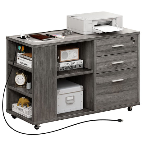 YITAHOME File Cabinet with Charging Station, Mobile Lateral Filing Cabinet with Lock for Home Office, Printer Stand with Open Storage Shelf, Fits A4, Letter, Legal Size Files, Office Furniture, Grey YITAHOME