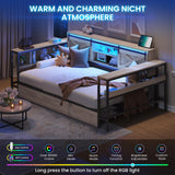 DICTAC Twin XL Corner Bed Frame with Storage Drawers,Charging Station and Led Lights Farmhouse Metal Platform Bed Frame with Sliding Barn Doors,Twin XL Daybed with Storage Headboard,Rustic Gray DICTAC