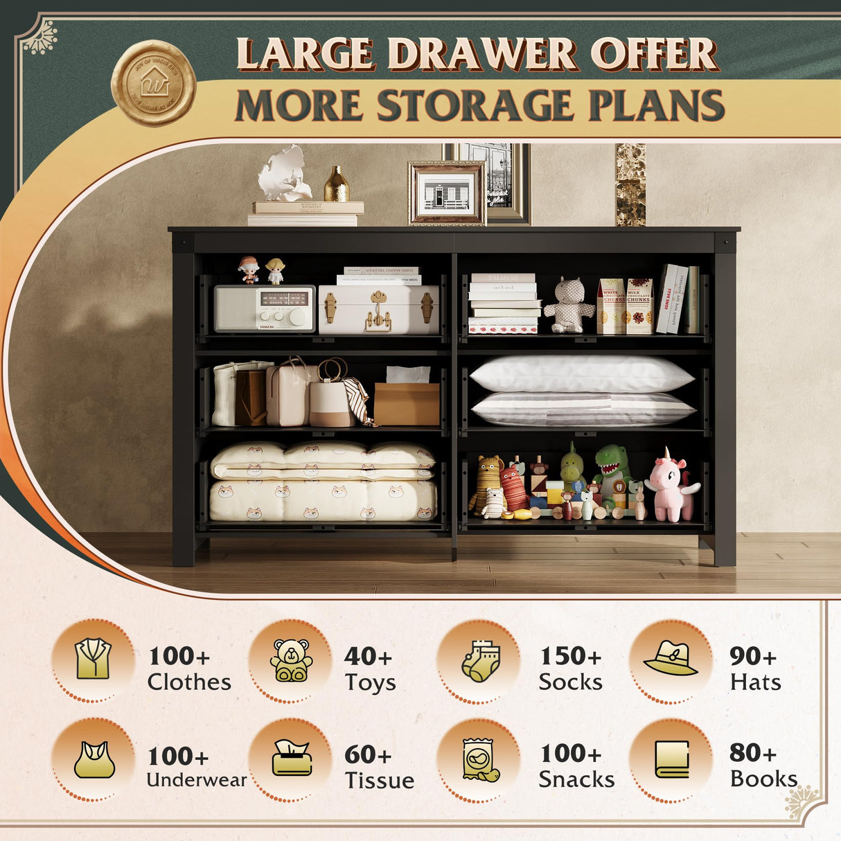 WLIVE Farmhouse 6 Drawer Dresser for Bedroom, 53.07'' Wide Wood Dresser, Black Dresser Storage with Double Rustic Handle, TV Stand for 60 inch TV, Chest of Drawers for Living Room, Hallway WLIVE