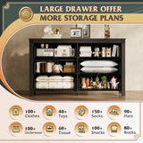 WLIVE Farmhouse 6 Drawer Dresser for Bedroom, 53.07'' Wide Wood Dresser, Black Dresser Storage with Double Rustic Handle, TV Stand for 60 inch TV, Chest of Drawers for Living Room, Hallway WLIVE