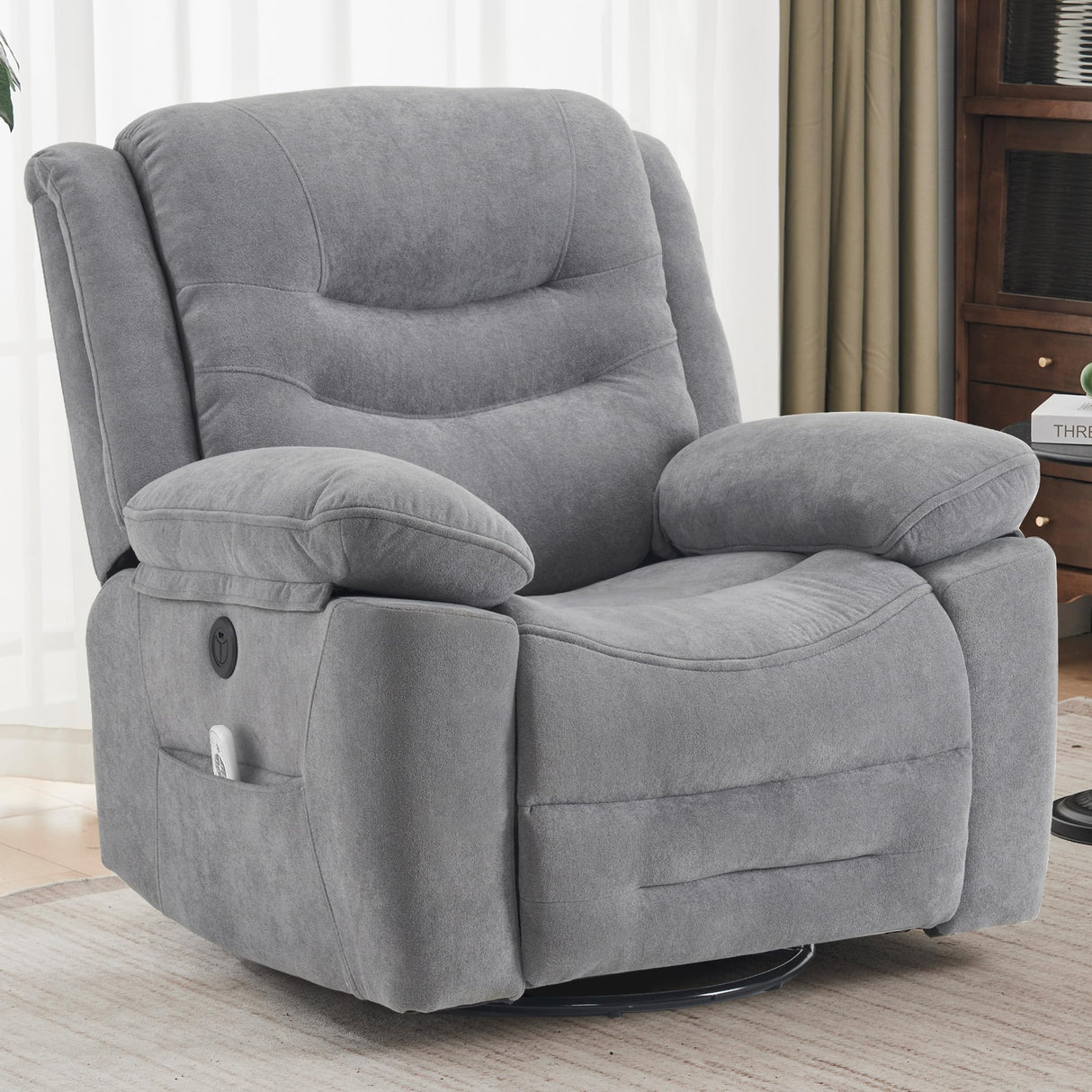 Ketaiyou Power Swivel Rocker Recliner with Massage and Heat, USB Port, Infinite Position, Oversized Electric Glider Rocking Chairs Living Room, Soft Fabric Reclining Sofa Chair(Misty Gray) Ketaiyou