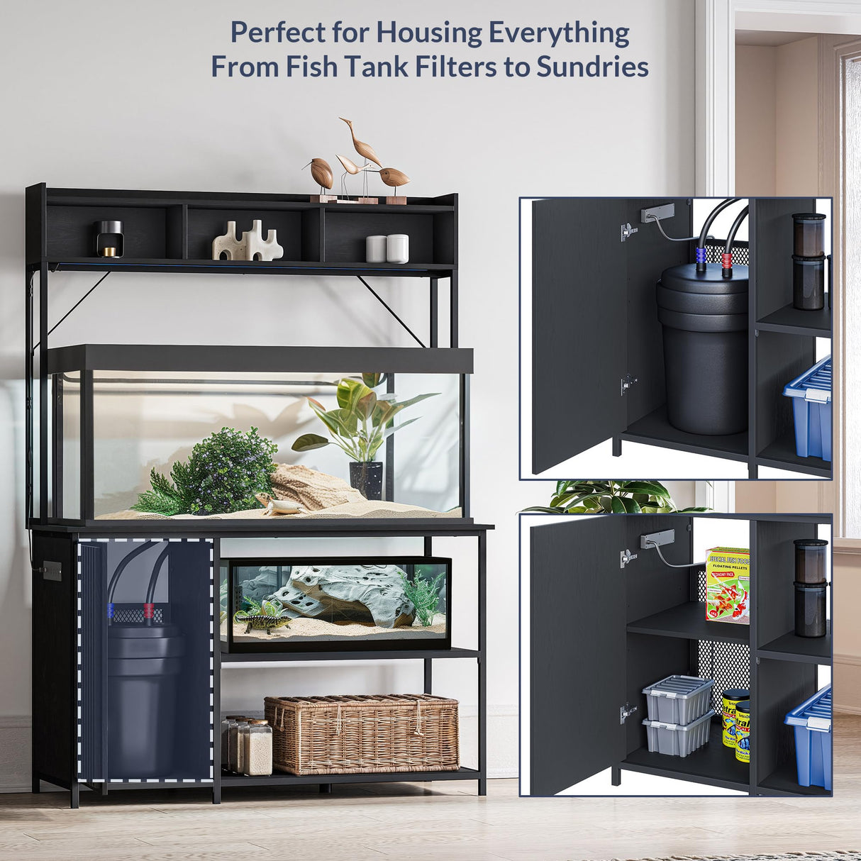 BELLEZE Aquarium Stand with LED Lights 55-90 Gallon, Fish Tank Stand with Heavy Duty Metal Fluted Storage Cabinet and Power Outlets, 1200 LBS Capacity,Fish Turtle Tank Compatible, Black Ebony BELLEZE