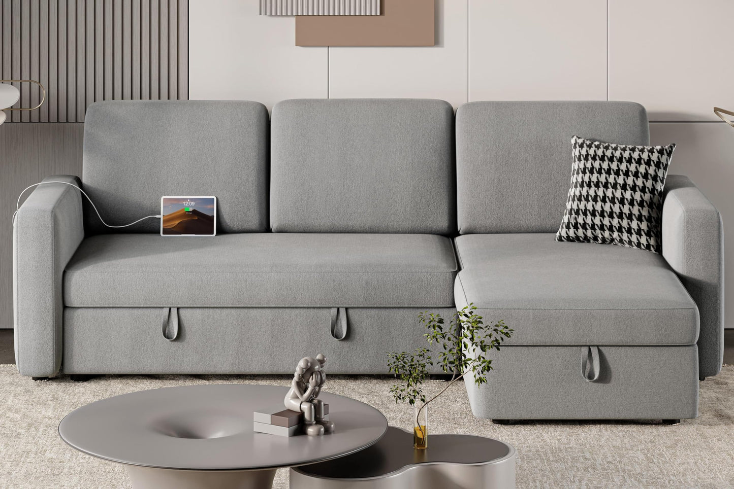 Yaheetech Sectional Sofa L-Shaped Sofa Couch Bed w/Chaise & USB, Reversible Couch Sleeper w/Pull Out Bed & Storage Space, 4-seat Fabric Convertible Sofa, Pull Out Couch Light Gray