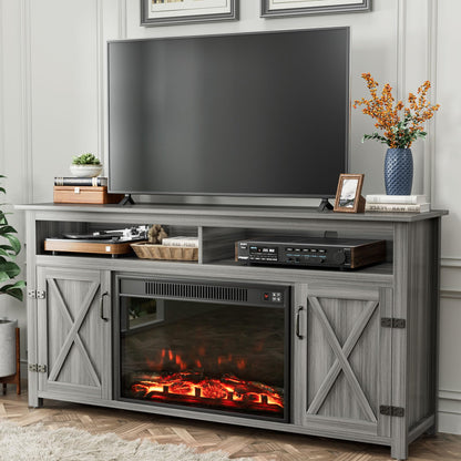 YESHOMY Fireplace TV Stand for Television up to 65+ Inch with Storage and Farmhouse Barn Doors, Entertainment Center with Cabinet and Shelves, Media Console for Living Room, Gray Wash