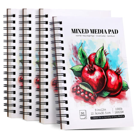 4 Pack Mixed Media Sketchbook, 9x12 inches Drawing Paper Sketch Book, 98lb/160gsm Heavyweight Spiral Bound Sketch Pads, Suitable for Wet and Dry Media, Drawing, Painting, Sketching(200 Sheets) Prudiut