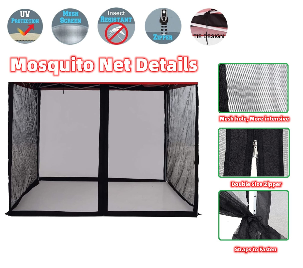 Mosquito Net for 10x10 Canopy Tent,Replacement Mosquito Netting for Gazebo Netting Screen Mosquito Screen Canopy for Camping for Patio Tent 10x10' (Mosquito Netting Only, Black 1) TONESLY