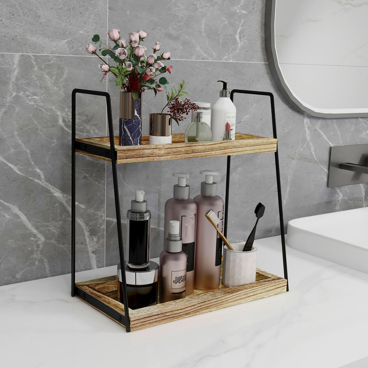Dorhors 2 Tier Bathroom Counter Organizer Storage,Vanity Organizer for Bathroom Counter,Wood Standing Rack for Kitchen Dorhors
