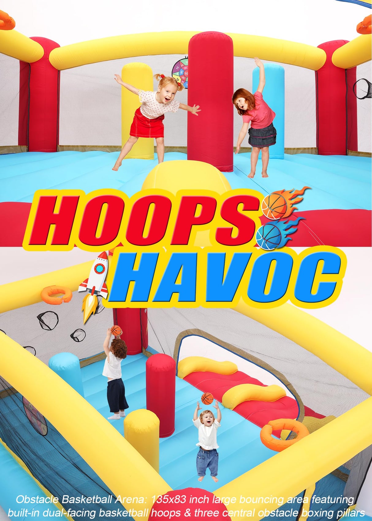 Whubefy Inflatable Bounce House for Big Kids 3-12 with Double Racing Slide & 3 Punching Bag Obstacle Course | Large Space Rocket Blow Up Bouncy Castle 13.1x11.2x7.1ft w/Blower, Indoor Outdoor Fun 8-12 Whubefy