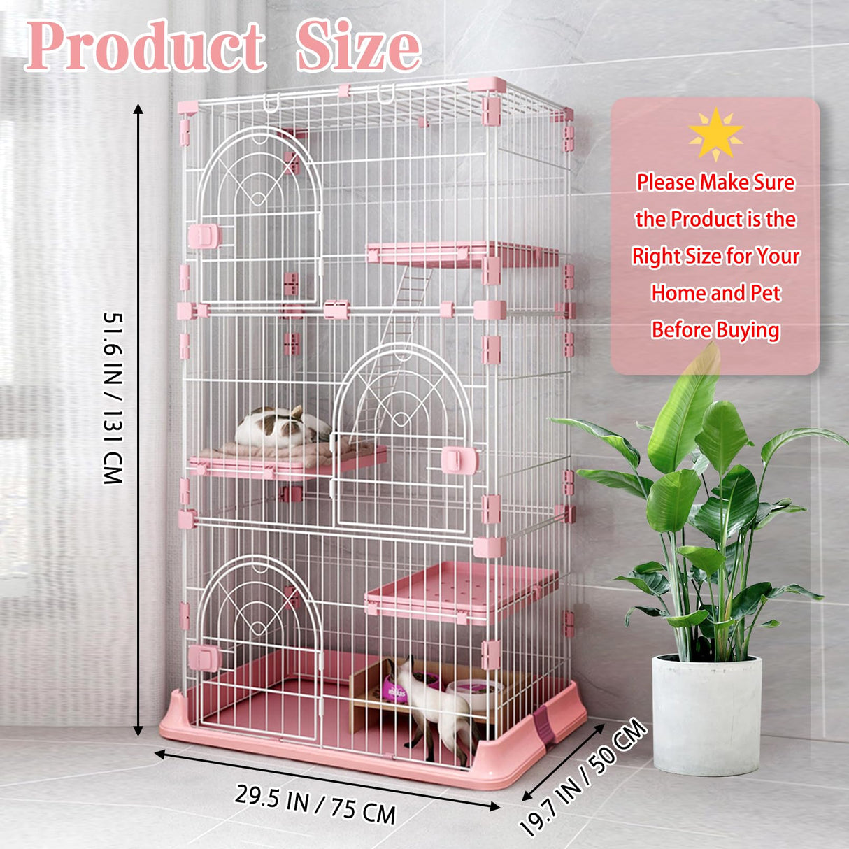 Hamiledyi Indoor Cat Cage 52 Inches Cat Villa Large Pet Crate with 3 Platforms and 1 Ramp Ladders Metal Cat Playpen with 3 Doors Outdoor Cat Enclosures Kitten Cage for Small and Medium Pets (Pink) Hamiledyi