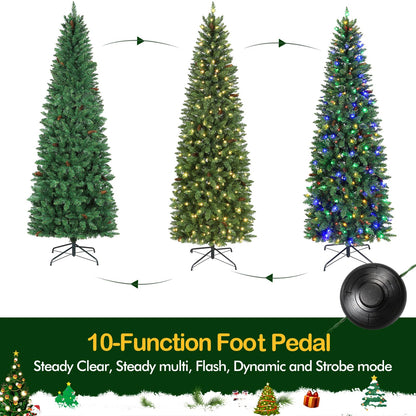 Hykolity 7.5 ft Prelit Pencil Slim Christmas Tree with 300 Color Changing LED Lights, 792 Branch Tips, Metal Stand and Hinged Branches, 10 Color Modes