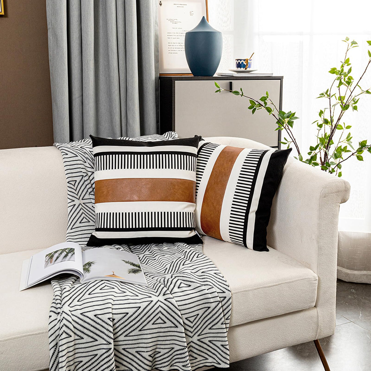 Vfuty Pack of 2 Farmhouse Throw Pillow Covers for Couch Sofa Decorative Faux Leather Square Cushion Cover Tribal Stripe Accent Pillow Case 18 x 18 Inch,Black Vfuty