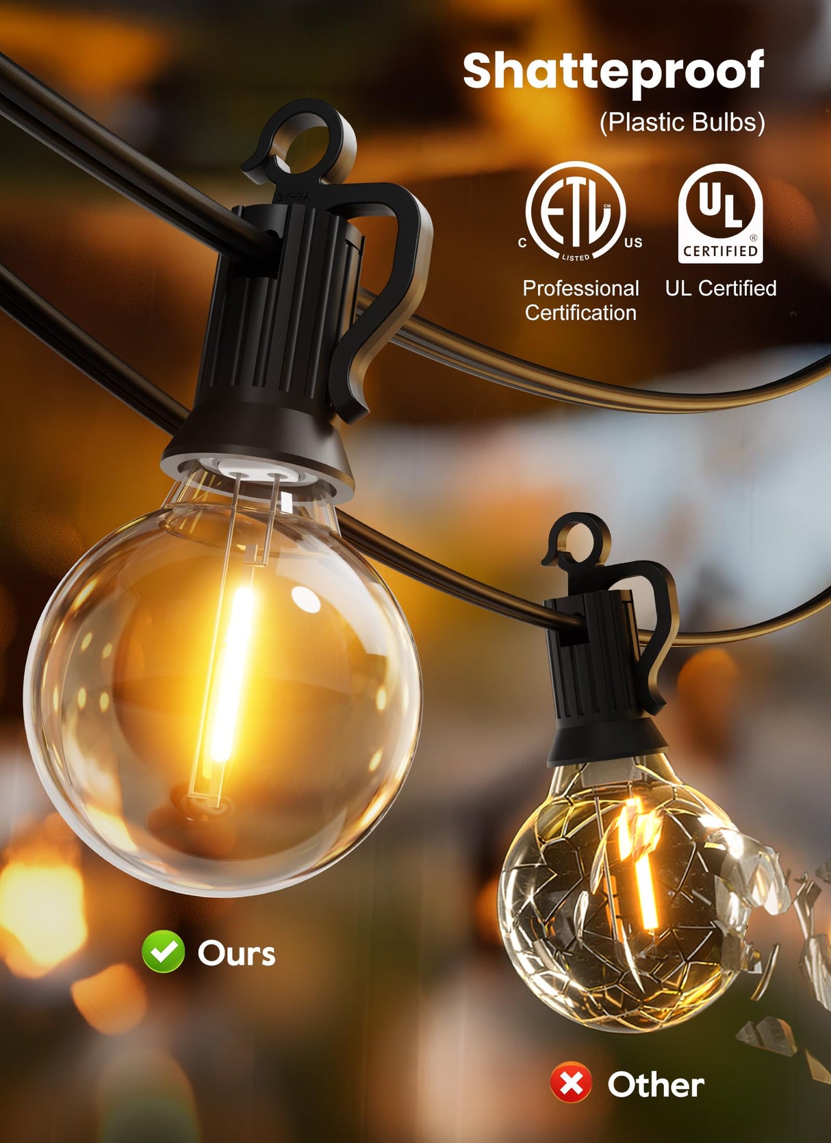 Brightown Outdoor String Lights - Connectable Dimmable LED Patio String Lights with G40 Globe Plastic Bulbs, All Weatherproof Hanging Lights for Outside Backyard Porch (50 ft - 25 LED Bulbs) Brightown