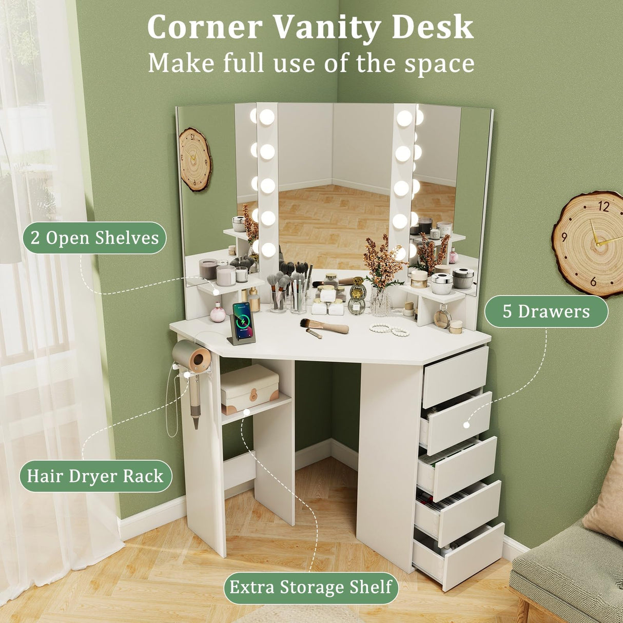 CHARMAID Corner Vanity Desk with Mirror and Lights, White Makeup Vanity Table with 5 Drawers, Storage Shelves, Charging Station, 3 Lighting Modes, Compact Vanity Dressing Table for Small Space CHARMAID
