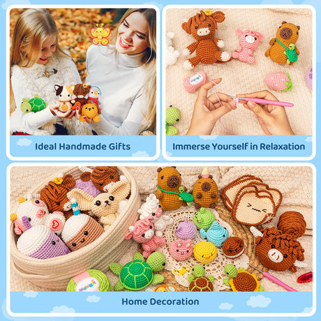 Mewaii Beginner Crochet Kit with 40% Extra Yarn, Pre-Started Yarn & Video Tutorials - 3 Sea Turtles Craft Set for Adults & Kids Mewaii
