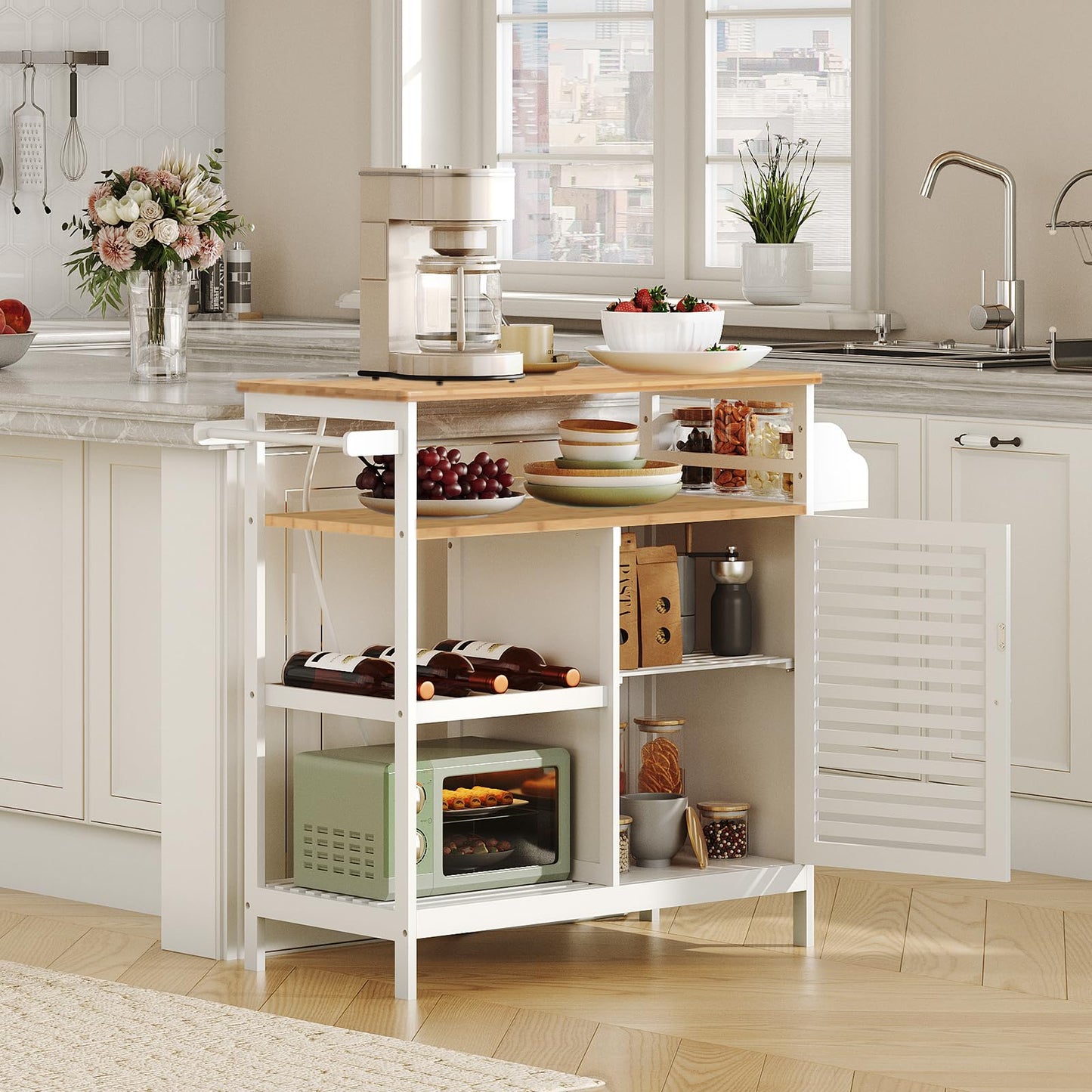 HOOBRO Kitchen Island with Storage, Kitchen Island Table with Power Outlet, 4 Tier Coffee Station and Microwave Stand with Large Worktop, for Home and Dining Room, White and Natural WN68UZD01