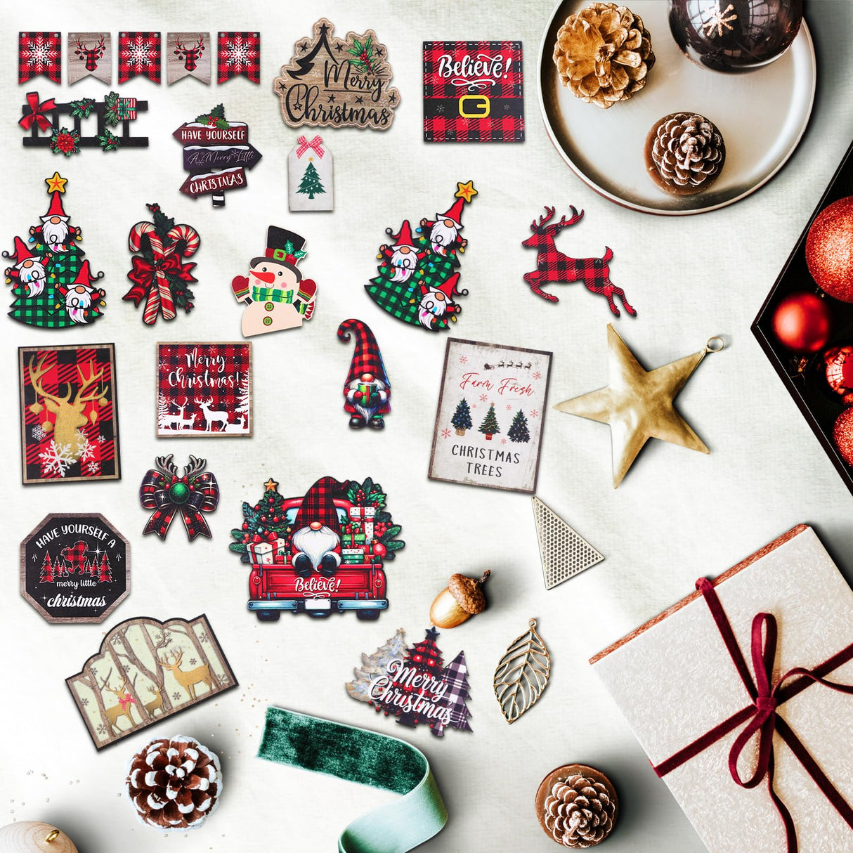 TAKEALOOKO Christmas Tiered Tray Decor Set - 24Pcs Wooden Signs Snowman Gnome Truck Ornaments, Family Party Rustic Farmhouse Holiday Decorations for Table Shelf Centerpiece Xmas Home TAKEALOOKO