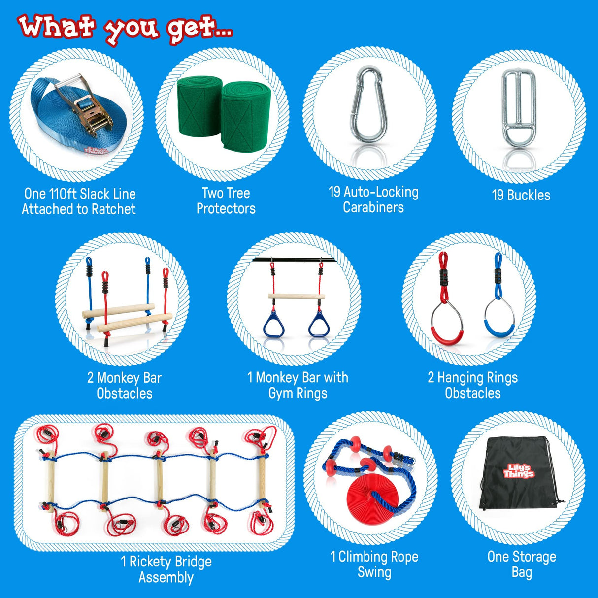 Double Slackline Obstacle Course - 110 Ft Line - Ninja Warrior Course with Monkey Bars for Kids - Patented Double Line Design (110' Ultimate Warrior Set, with Rickety Bridge) Lily's Things