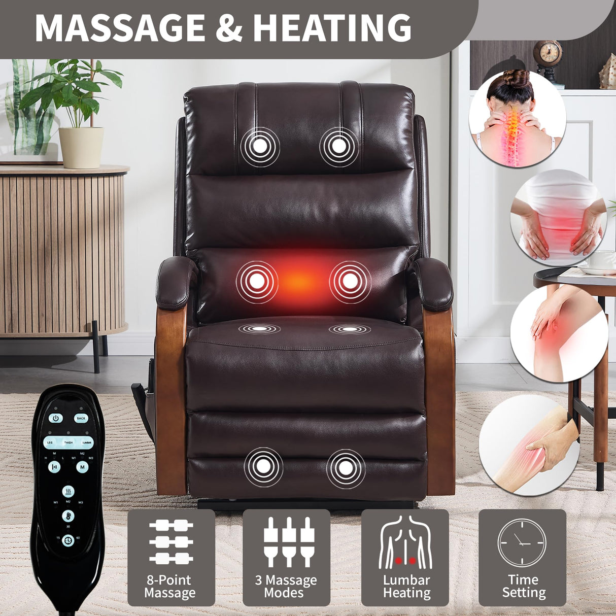 Electric Power Lift Recliner Chair for Elderly People, Dual Motor Power Lift Chair with Vibration Massage and Heat, Lay Flat Recliner, Standing Assistance Reclining, Faux Leather Red Brown Luxlen