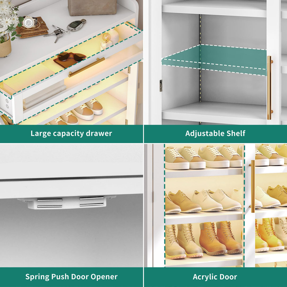 YITAHOME Shoe Cabinet Entryway, Modern Shoe Storage Wooden with Drawer and LED Lights, Freestanding Shoe Organizer Narrow Farmhouse Shoe Cabinet for Living Room, White-LED YITAHOME