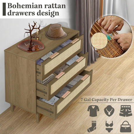 HOPUBUY 3 Drawer Dresser for Bedroom, Rattan Dresser Modern Closet Dressers Chest of Drawers, Wood Brown 3 Drawer Storage Chest for Kids Bedroom, Hallway, Living Room HOPUBUY