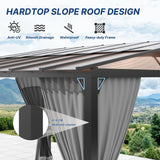 Gotland 10FTx24FT Outdoor Wall-Mounted Hardtop Pergola, Metal Frame Gazebo with Sloping Sun Panel Roof and Double Curtains for Patio, Garden, Lawn, Grey Gotland