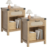 GarveeHome Rattan Night Stands Set of 2, Farmhouse Bedside Table, Night Stand with Drawer and Open Shelf, Boho End Table for Living Room,Bedroom, Natural GarveeHome