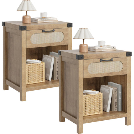 GarveeHome Rattan Night Stands Set of 2, Farmhouse Bedside Table, Night Stand with Drawer and Open Shelf, Boho End Table for Living Room,Bedroom, Natural GarveeHome