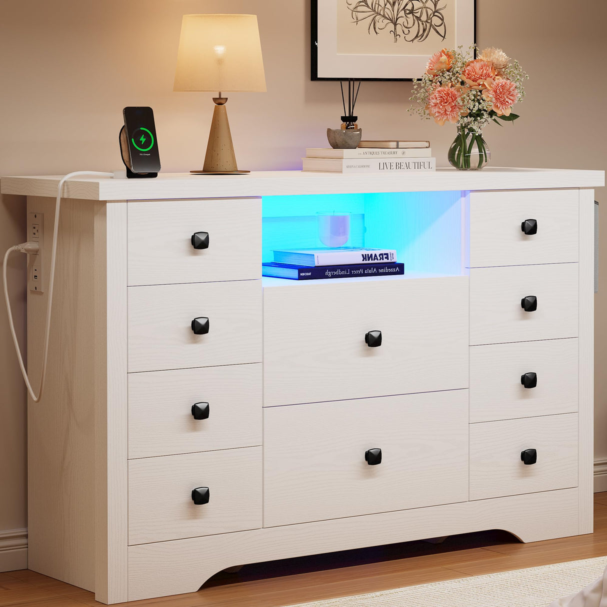 LIKIMIO Dresser with 10 Drawers, Bedroom Wooden Chest of Drawers with LED Lights and Power Outlets, Fabric Side Pocket, TV Stand for Living Room, White LIKIMIO