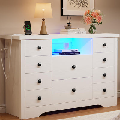 LIKIMIO Dresser with 10 Drawers, Bedroom Wooden Chest of Drawers with LED Lights and Power Outlets, Fabric Side Pocket, TV Stand for Living Room, White